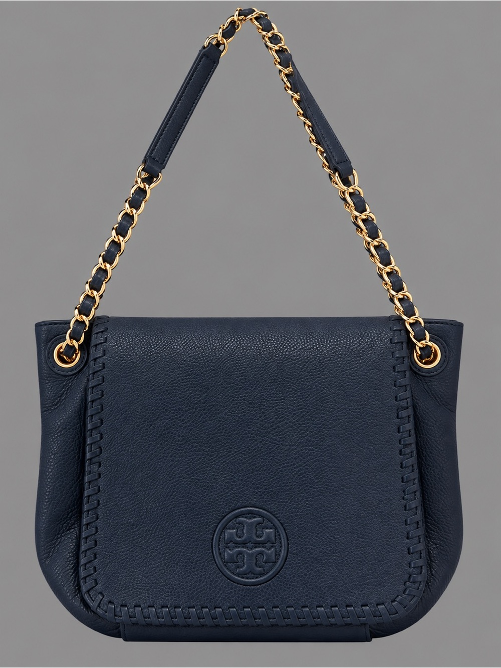 Tory Burch Navy Pebbled Leather Shoulder Bag with Gold Chain